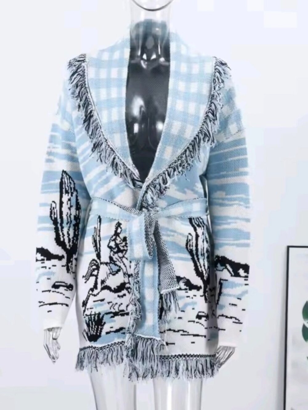 Vintage Jacquard Print Knit Fringe Cardigan Women Lapel Lace Up Loose Long - Picture 4 of 10